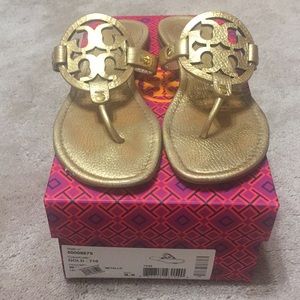 Tory Burch Gold Pebbled Leather Miller Sandals
